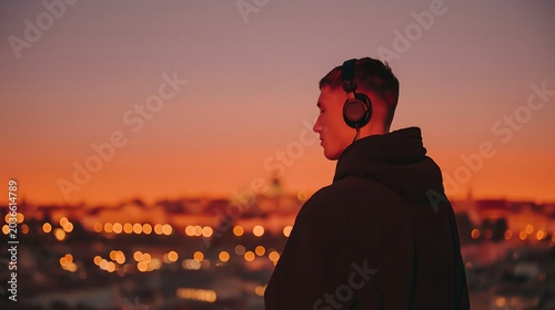 Young man listens music on rooftop at sunset.