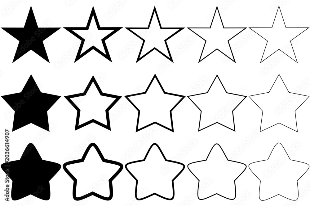 Obraz premium Five-pointed star design in silhouette, outline and thin lines, flat isolated on white background, vector