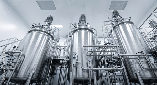 Three towering polished stainless steel mixing bioreactors in a modern plant