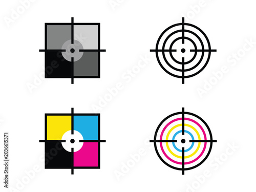 Printing Registration Marks and CMYK Color Target Icons Set, Prepress Alignment Vector Illustration