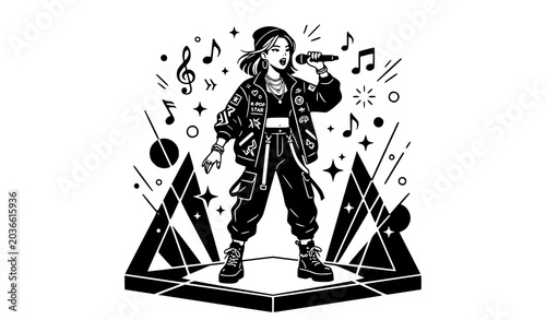 Foto Minimal K Pop Female Singer Vector Illustration Fashion Idol Performance Isolate