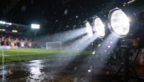 Stadium Lights in Rain: Powerful stadium spotlights pierce through the falling rain, illuminating a wet football pitch and the cheering crowd in the background.