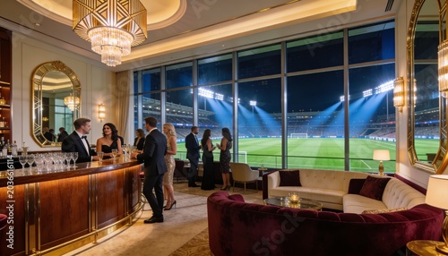 Luxury Suite View: A sophisticated lounge area with elegant decor and a panoramic view of a floodlit stadium at night, offering an exclusive viewing experience.