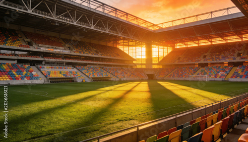 Stadium at Sunset: An empty stadium bathed in the warm, golden light of sunset, with long shadows stretching across the green field. The colorful seating stands are illuminated.