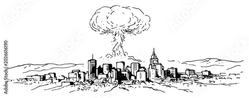 Tableau sur toile Nuclear explosion mushroom cloud over city skyline in hand drawn ink sketch styl