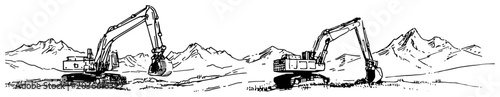 Foto Heavy excavators working at a construction site with mountain backdrop in sketch
