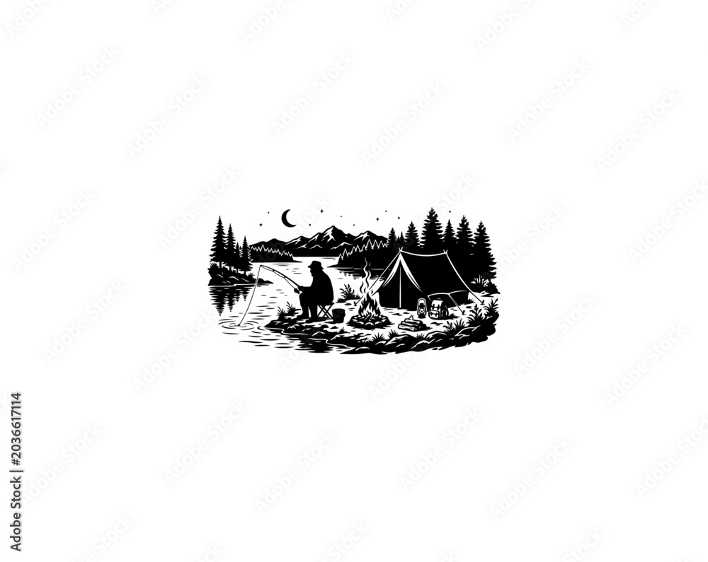 Obraz premium Camping, outdoor adventure, nighttime scene, vector illustration, black and white