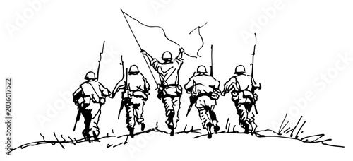 Schilderij op canvas Soldiers marching uphill with a flag held high minimalist hand drawn sketch styl