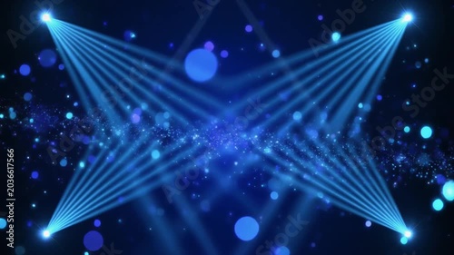 Abstract Blue Stage Spotlights with Crossing Beams and Floating Glowing Dust Particles
