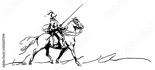Fotografia Knight riding a horse carries a long lance in minimalist black and white line ar