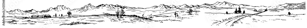 Obraz premium Mountain landscape panorama with a country road and hills in minimalist line art style
