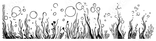 Konstfotografi Seaweed and aquatic plants with rising bubbles in underwater line art style