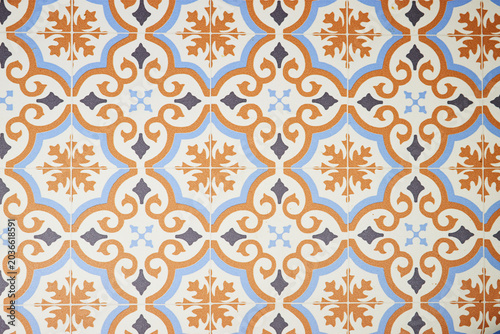 Tablou pe pânză Vintage Ornamental Ceramic Tile Pattern With Blue and Terracotta Floral Motifs,