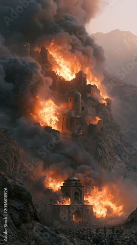 Mongol warriors lay siege to the Alamut fortress amidst flames and chaos