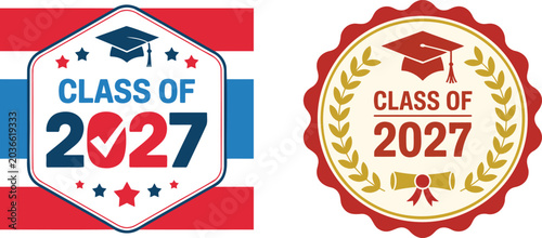 Two festive Class of 2027 emblem designs with patriotic colors and graduation symbols celebrating academic milestones