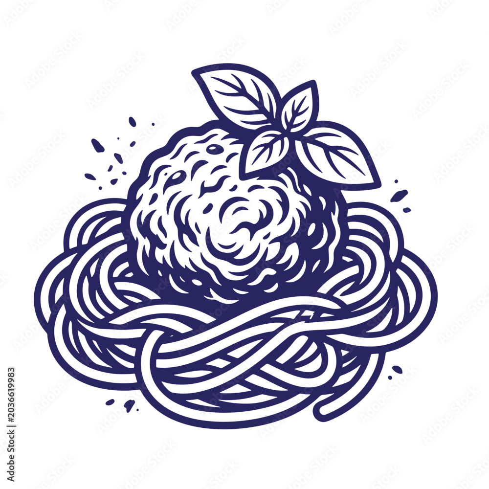 Fototapeta premium Graphic illustration of a single meatball resting on a nest of spaghetti noodles garnished with basil meatball spaghetti illustration engraving monochrome isolated