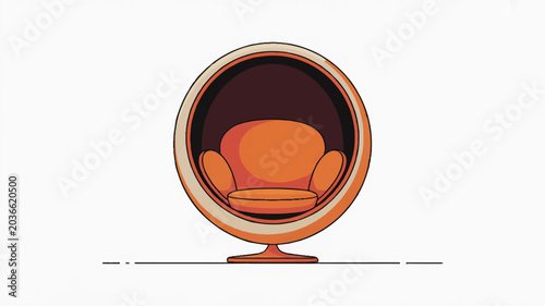 Orange egg chair with a rounded backrest and armrests on a base