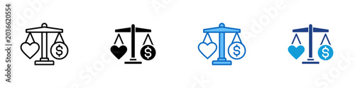Healthcare Cost Multiple Style Icon Design Vector - Balance scale with heart and dollar coin representing healthcare cost, value based care, and medical budgeting