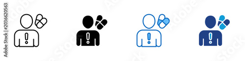 Foto Medication Alert Multiple Style Icon Design Vector - Patient with pills and warn