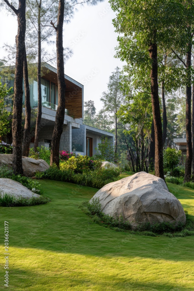 Fototapeta premium A vibrant green space features scattered rocks and contemporary buildings, all nestled among lush trees in a serene forest setting during the daytime