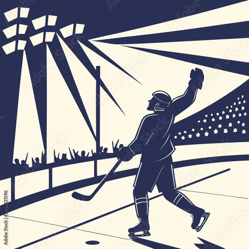 Photography Ice hockey player celebrating a goal under bright stadium arena floodlights