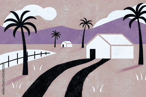Stylized illustration of houses and palm trees in a landscape graphic vector