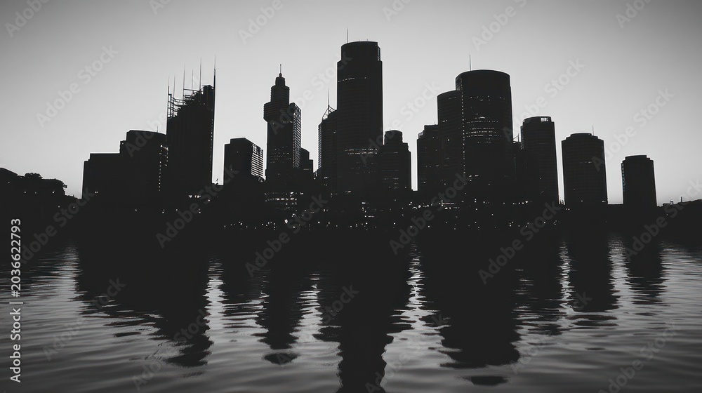 Obraz premium Dark skyline reflecting on water, showing a monochromatic city's silhouette at dusk