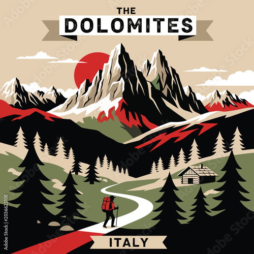 Schilderij op canvas Hiker approaching mountain range in Dolomites.