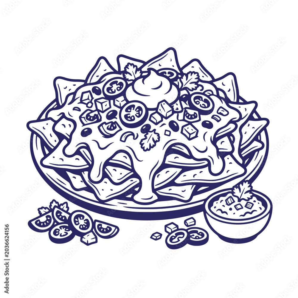 Fototapeta premium Plate of loaded nachos with cheese salsa and toppings detailed line art illustration tomatoes appetizer illustration monochrome engraved delicious culinary