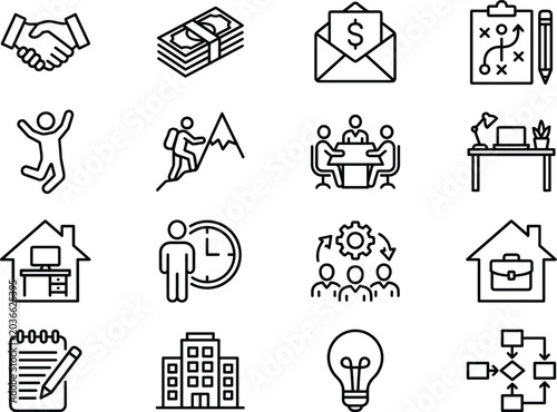 Fotografi Business and Office Line Icons Set Featuring Teamwork Finance Strategy Remote Wo