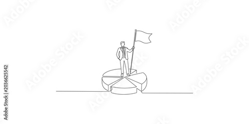 Foto A businessman standing on a pie chart holding a flag in a celebratory gesture is