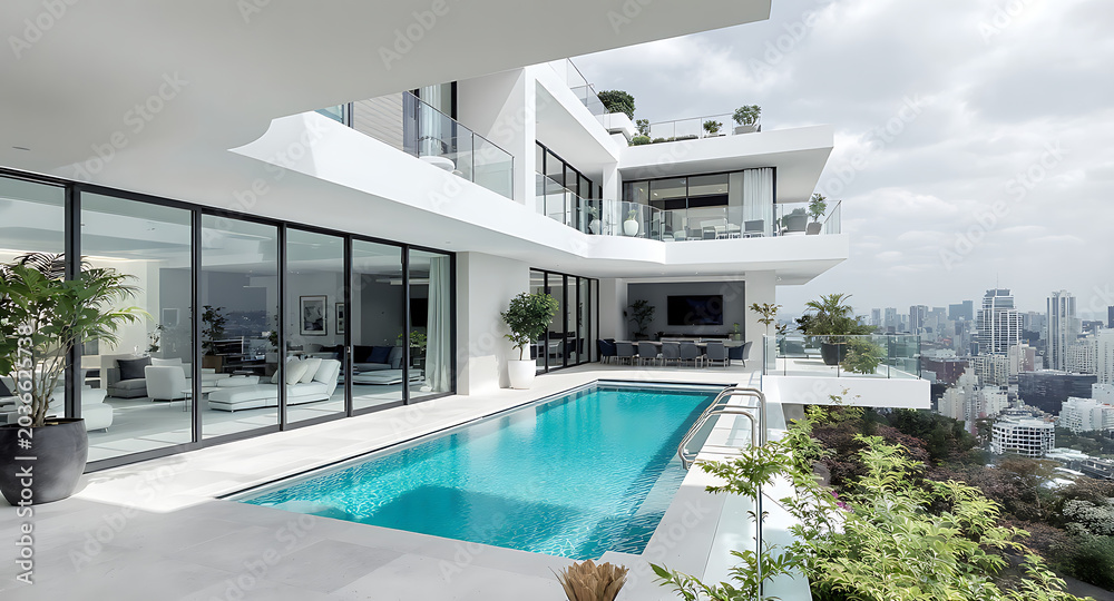 Obraz premium Modern luxury villa with swimming pool and city view.