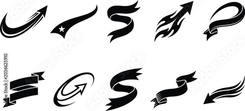  Bold Black Modern Arrow Symbols Showing Directional Movement with Dynamic Swirl graphic-design-trends minimalist-branding creative-vector-assets motion-graphics modern-logo-elements digital-marketing