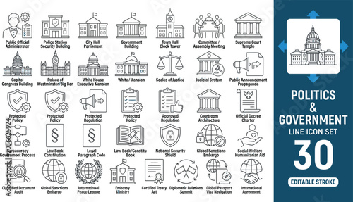 Tableau sur toile politics and government line icon set featuring democracy, election, and public policy symbols