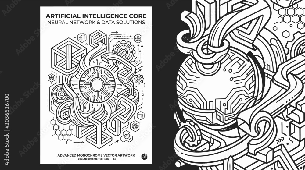 Naklejka premium Black and white icon pack features neural network with data solutions and artificial intelligence core.