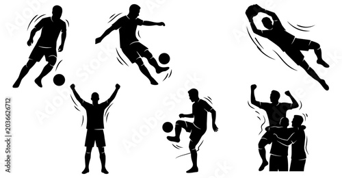 Photos Set of dynamic soccer player silhouettes in various action poses including kicking, dribbling, goalkeeping, and celebrating vector illustration