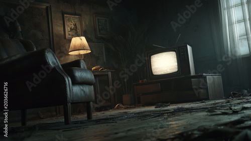 Haunted abandoned living room with static television and paranormal horror atmosphere