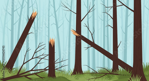 Vector illustration of a misty forest landscape featuring broken tree trunks and fallen branches after a storm, with jagged bark edges and vertical trees in a foggy background.