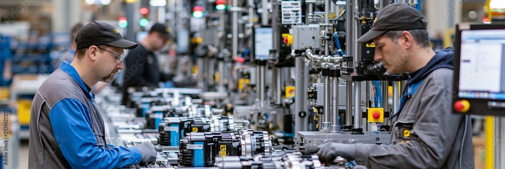 Obraz premium Medium shot capturing technicians testing heavyduty diesel engine starters on an industrial production line with robust machinery and quality controls.