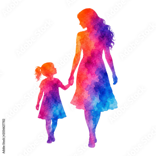 Watercolor Mother Walking With Daughter Family Lifestyle Illustration
