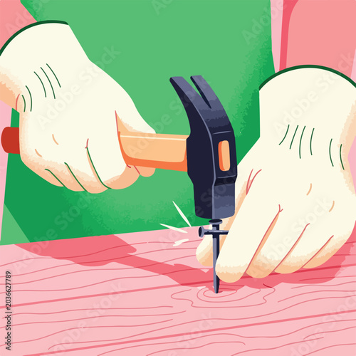 Hands hammering nail into wood
