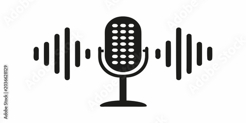 Bild auf Leinwand Microphone Icon With Sound Waves Black Silhouette On White Background