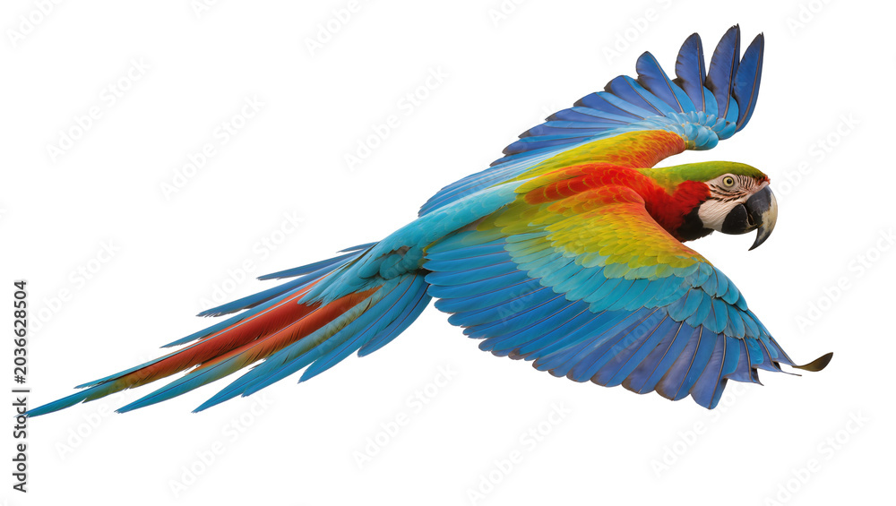 Obraz premium Scarlet Macaw parrot flying with vibrant colorful wings spread