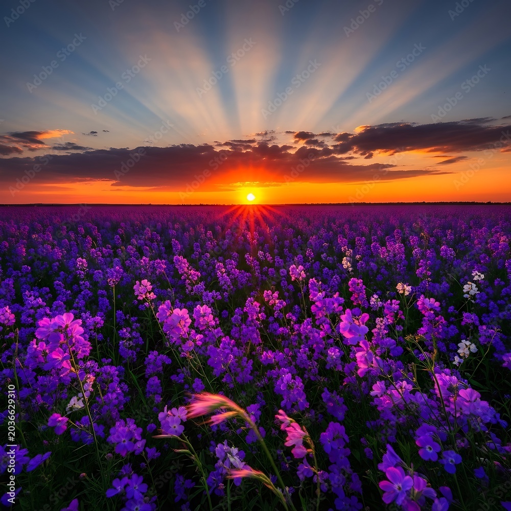 Obraz premium Purple lavender field during sunset with golden sky