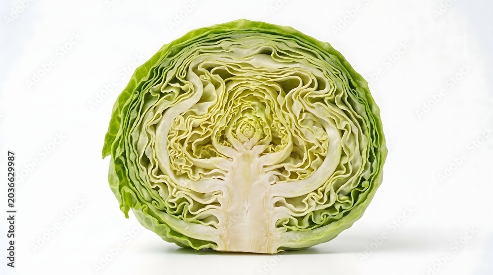 Obraz premium Fresh Green Cabbage Isolated on White Background Front View with Soft Shadow