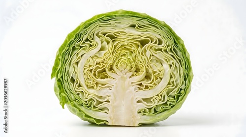 Fresh Green Cabbage Isolated on White Background Front View with Soft Shadow