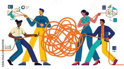 Collaborative Professional Team Untangling Complex Data Structures to Find Streamlined Business Solutions and Actionable Insights