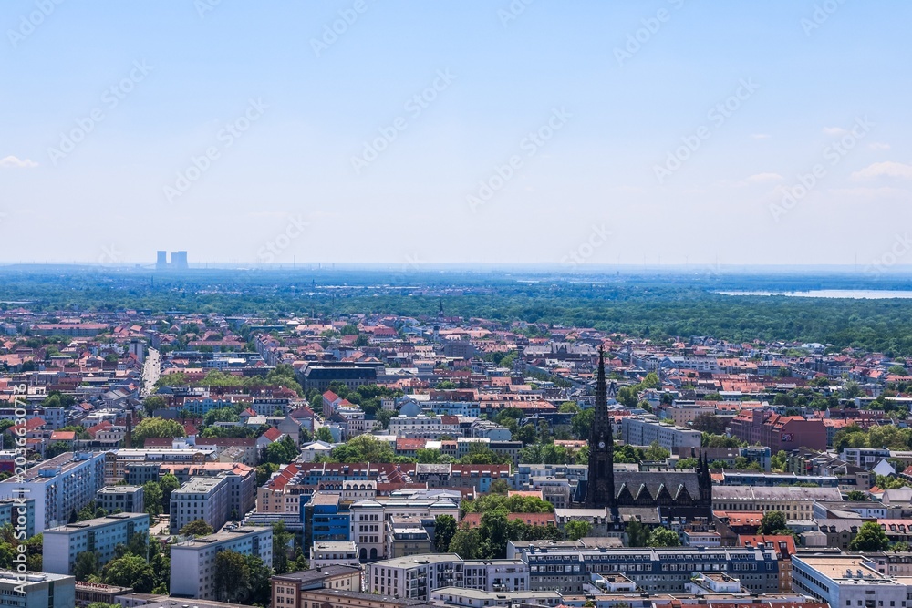 Fototapeta premium Leipzig city aerial view showing architecture and distant power plant