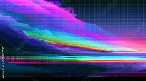 A vibrant and distorted digital landscape with colorful hues and glitchy effects