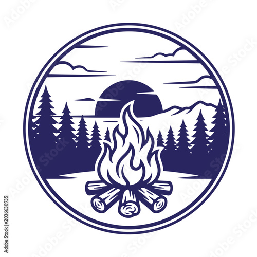 Camping bonfire scene at sunset in pine forest circle graphic with campfire adventure exploration wilderness vacation activity recreation backcountry landscape